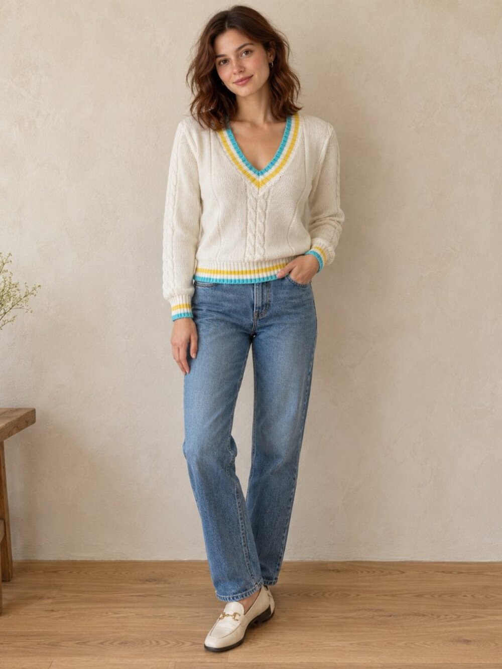 Nemus vintage pullover knit sweater Vneck 80s retro academia white striped SZ M